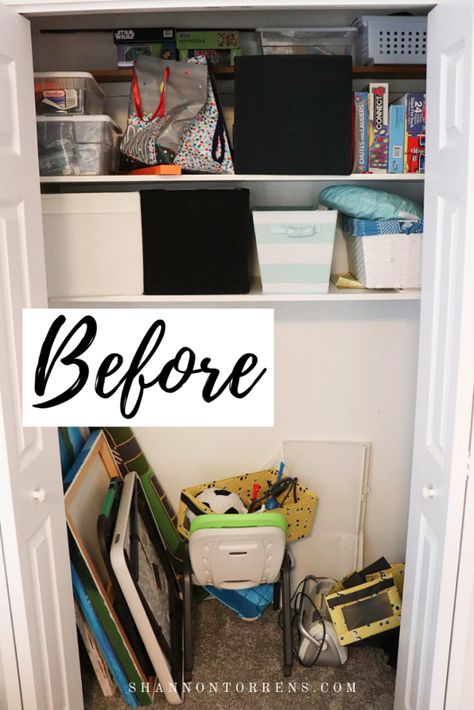 Organize Hall Closet, Hall Closets, Declutter Living Room, Hall Closet Organization, Organize And Declutter, Declutter Closet, Getting Organized At Home, Hallway Closet, Cleaning Supplies Organization