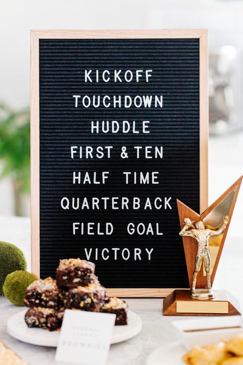 Isn't this letter board darling? It's the perfect decor for your Big Game party! We listed our favorite football terms and used an old trophy to compliment it! See more on The TomKat Studio!  #sponsored by kikkoman Super Bowl Letter Board Ideas, Game Day Decor, Football Letterboard Quotes, Football Letterboard, Letterboard Ideas, Old Trophies, Letterboard Signs, Game Day Quotes, Board Sayings