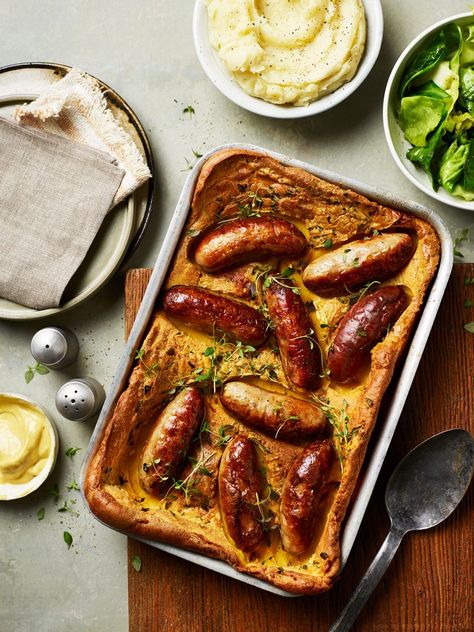 Toad-in-the-hole Toad In The Hole Recipe, Oven Bakes, Sweet Potato Patties, Easy Vegan Soup, Warm Soup Recipes, Sweet Potato Recipes Healthy, Toad In The Hole, Crispy Sweet Potato, Sausage Dishes