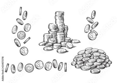 Stack Of Money, Body Image Art, Money Tattoo, Golden Coin, Money Stacks, Sketch Style, Book Drawing, Drawing Stuff, Hand Drawn Vector