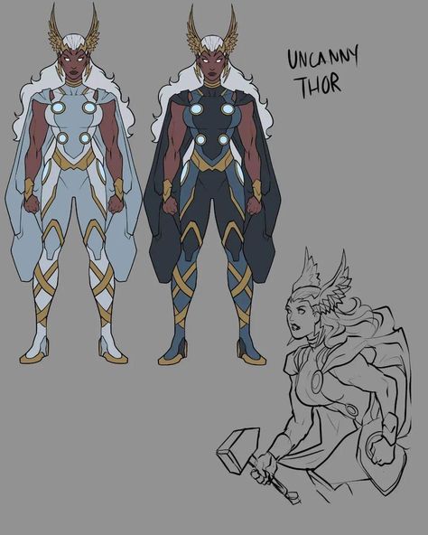 Standing Pose Character Design, Marvel Sorcerer Oc, Superhero Suit Ideas, Thor Redesign, Magic Superhero Design, Xmen Oc, Marvel Redesign, Storm Aesthetic, Female Thor