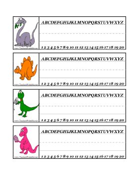 Four different dinosaurs decorate these free printable desk tags: a chewing, purple brontosaurus; a smiling, yellow stegosaurus; a green T-Rex holding a computer and a pink allosaurus holding an egg. It is great for classroom handwriting exercises. Free to download and print Preschool Name Tags, Handwriting Exercises, Teacher Binder Organization, Desk Tags, Poem Template, Prek Ideas, Name Tag For School, Preschool Names, Desk Name Tags