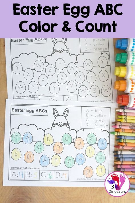 Free Easter ABC Color & Count Printable – 3 Dinosaurs Passover Activities, Hanukkah Activites, New Year Printables, Dr Seuss Activities, Abc Tracing, 3 Dinosaurs, Kids Printables, Abc Printables, Abc Activities