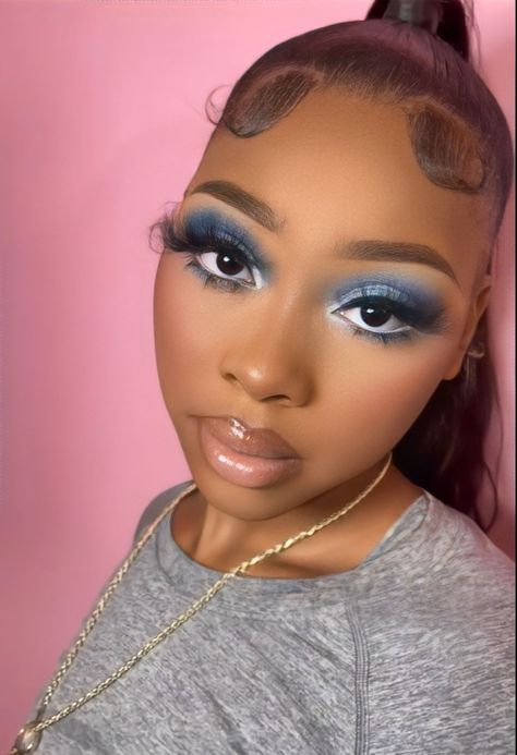 Blue Eye Make Up Looks, Blue And Silver Makeup Looks Black Women, Blue Makeup Looks Black Women, Light Blue Makeup Looks, Baby Blue Makeup, Sweet 16 Makeup, Birthday Makeup Looks, Face Beat Makeup, Blue Makeup Looks