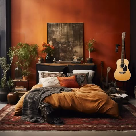 Earthy Dressing Room, Earthy R&b Aesthetic, Modern Orange Bedroom, Orange Paint Bedroom, Dark Cozy Bedroom Bohemian, Black And Red Room, Red Bedroom Decor Ideas, Black And Rust Bedroom, Green And Red Aesthetic