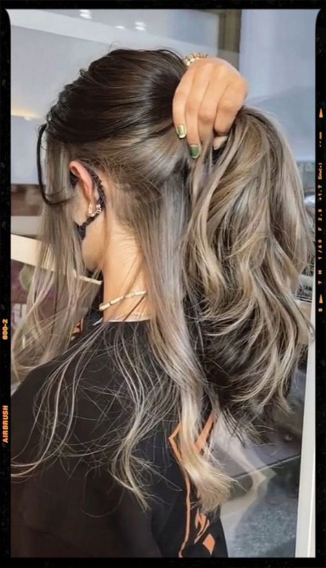 Dark Brown With Underneath Color, Hair With Different Color Underneath, Dye Bottom Half Of Hair, Highlights Underneath Hair Brown, Dark Brown Hair With Highlights Underneath, Hidden Hair Color Brown, Dark Brown Hair With Caramel Peekaboos, Peekaboo Highlights Dark Hair, Brown With Underneath Color