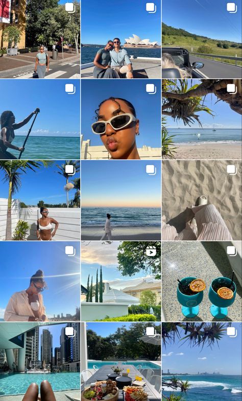 Organized Instagram Feed, Summer Instagram Layout, Beach Instagram Feed Ideas, Travel Blog Instagram Feed, Instagram Page Inspo Aesthetic, Summer Instagram Aesthetic, Tropical Summer Insta Feed, Instagram Feed Ideas Summer, Beach Aesthetic Instagram Feed