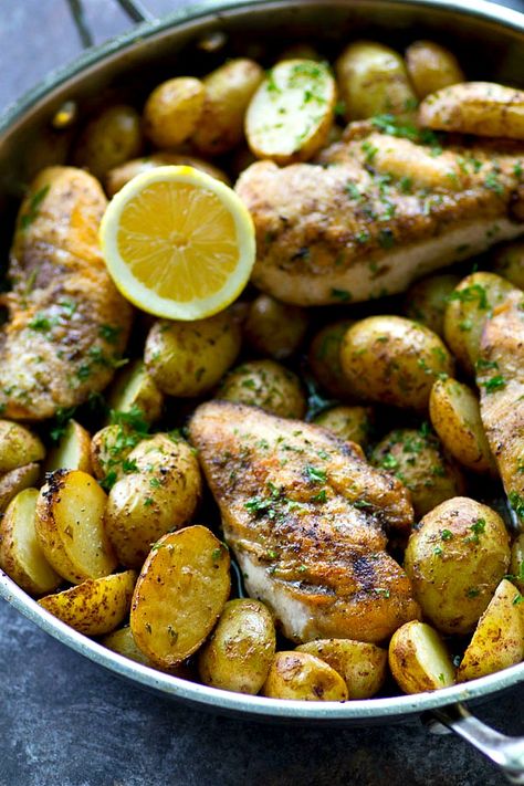 The EASIEST and most mess-free way to do weeknight chicken and potatoes! This skillet roasted chicken bakes in a flavorful lemon herb sauce and is quickly gonna become a weeknight staple! Skillet Roasted Chicken, Dinner Bakes, Roasted Chicken Dinner, Lemon Herb Sauce, Roast Chicken Dinner, Lemon Herb Chicken, Roasted Chicken And Potatoes, Weekday Breakfast, Chicken And Potatoes