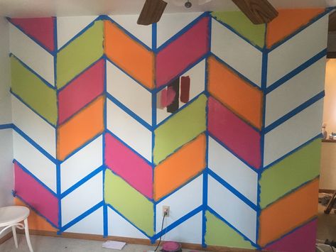 DIY accent wall Fun Accent Walls For Kids, Random Lines Accent Wall, Rainbow Corner Accent Wall, Accent Wall Stripes Vertical, Rainbow Stripe Wall Paint, Bedroom Wall Designs, Diy Accent Wall, Wall Designs, Big Girl Rooms