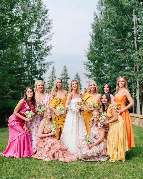 Patterned Bridesmaid, Birch Wedding, Colorful Mountains, Bridesmaid Inspiration, Yellow Bridesmaid Dresses, Mismatched Bridesmaid Dresses, Yellow Bridesmaids, Bright Wedding, Bright Florals