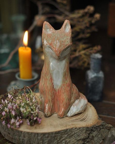 Janine Hardy on Instagram: "A fox guardian I made in pottery class symbolising protection and good luck, hand sculpted from clay, hand painted and then kiln fired. Isn’t he magical? Do you think I should make some more for my next kiln load so I have a few to pop in the shop for you lovely peeps! #AltarDecor #WitchAltar #WitchyDecor #FoxSpirit #FoxSpiritAnimal #FoxTotem #AnimalTotem #SpiritAnimal #MagicFox #MagicalFox #SpiritAnimalGuides #SpiritAnimalArt #HedgeWitch #GreenWitch #ForestWitch #W Fox Magic, Fox Pottery, Clay Fox, Magic Fox, Fox Totem, Cottage Witch, Fox Spirit, Spirit Animal Art, Witches Altar