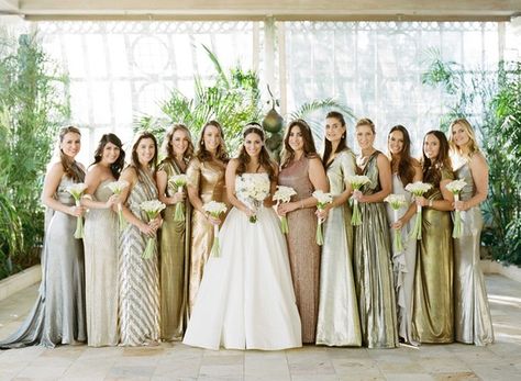 Mismatched Silver & Gold Bridesmaid Dresses | Photo: Kat Braman Photography. View More:  http://www.insideweddings.com/weddings/a-sophisticated-museum-wedding-with-modern-details-in-palm-beach/899/ Metallic Bridesmaid Dresses, Bridal Attendant, Gold Bridesmaid Dresses, Palm Beach Wedding, Bridesmaid Gowns, Mismatched Bridesmaids, Gold Bridesmaids, Mismatched Bridesmaid Dresses, Bridesmaids Photos