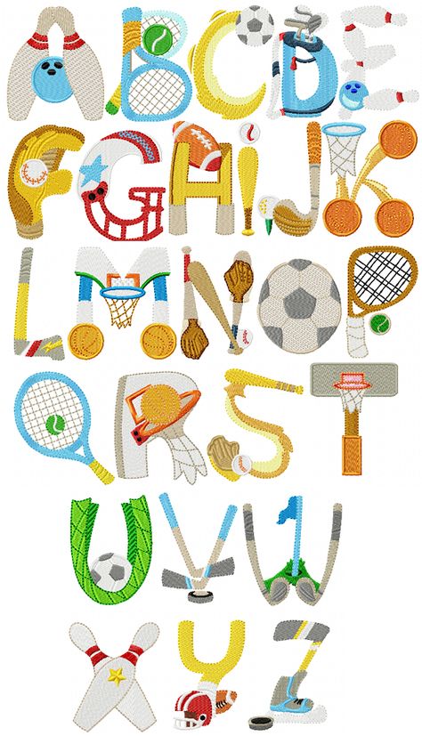 Sports Alphabet by Julias needle designs Alphabet Art Design, Art Alphabet, Alphabets Embroidery Design, Sports Letters, Sports Lettering Fonts, Sports Typography, Sports Alphabet Letters, Illustrated Alphabet Letters, Alphabet Design Projects