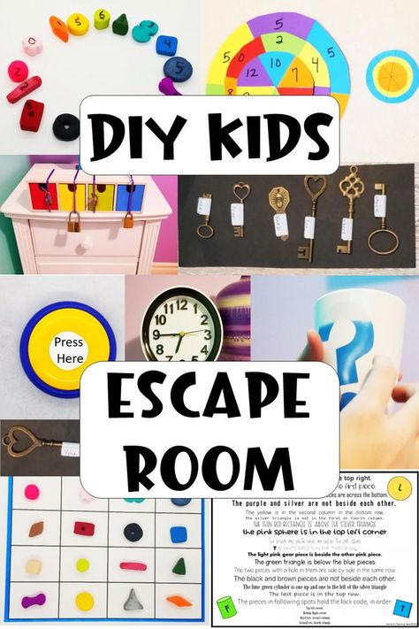 The pin shows a collage of DIY escape room puzzles for kids including a clock, clay shapes, circle codes, printables and more. Easy Escape Room Ideas For Kids, At Home Escape Room For Kids, Escape Room Puzzles For Kids, Escape Room Clues, Diy Escape Room For Kids, Escape Room Ideas For Kids, Printable Escape Room For Kids, Kids Escape Room, Escape Room Design