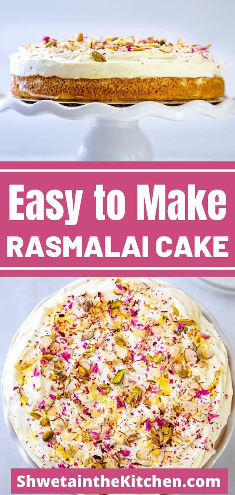 Easy to make Rasmalai cake is a fun fusion dessert to celebrate festivities or any special occasion. It combines flavors of the Indian dessert Rasmalai in the form of cake making it totally irresistible! Egg-free and delicious! Rasmalai cake is our new favorite sweet to celebrate special occasions. From festivals to birthdays, anniversary and now on popular demand it was part of new year's celebration too! Indian Inspired Cake Flavor, Indian Cakes Birthday, Creative Easy Desserts, Eggless Rasmalai Cake Recipe, Easy Indian Fusion Desserts, Ras Malai Tres Leches Cake, Indian Inspired Desserts, Indian Cake Recipe, Indian Birthday Cake