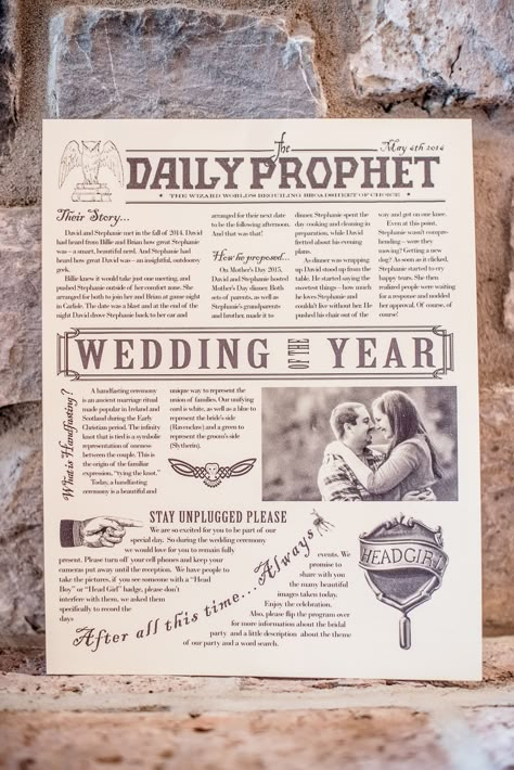 Boda Harry Potter, Harry Potter Wedding Ideas, Hp Wedding, Daily Prophet, Harry Potter Wedding Theme, Wedding Newspaper, Festa Harry Potter, Theme Harry Potter, Harry Potter Wedding