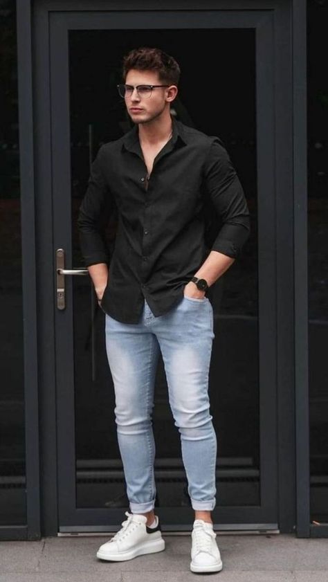 #streetwear #formen #menfashion #street #streetposes Black Shirt Outfit Men, Black Shirt Outfits, Black Outfit Men, Jeans Outfit Men, Shirt Outfit Men, Formal Men Outfit, Mens Casual Outfits Summer, Men Fashion Casual Shirts, Men With Street Style