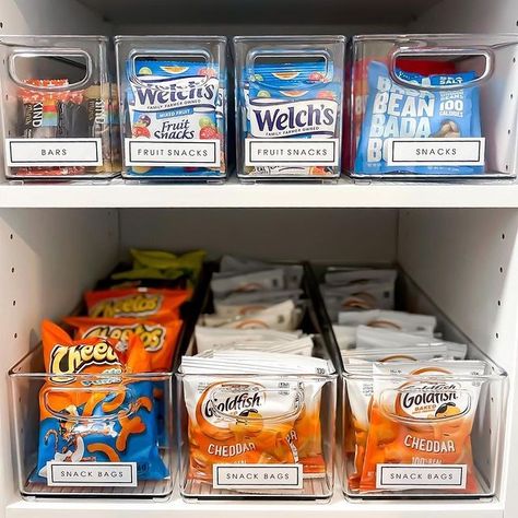 mDesign Home Organization Solutions | 🍿 SNACK BREAK 🍿 16 x 5.75 x 5 bins are so verstial and allow easy access for your favorite snacks! Tell us if you’re team Cheetos or... | Instagram Snack Cupboard Organization, Organize Cupboards, Snack Cupboard, Snack Bin, Cupboard Organization, Chocolate Stores, Cheap Organization, Tiny Room, Clear Container