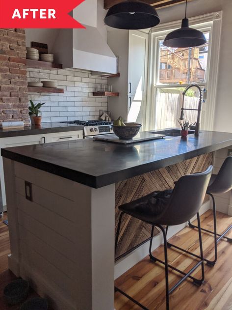 Kitchen island with concrete counters and wooden chevron pattern in back where leather barstools are tucked in Concrete Counters, Leather Barstools, Much Style, Chevron Kitchen, Industrial Style Kitchen, Kitchen Diy Makeover, White Subway Tiles, Farm Kitchen, Upstairs Bathrooms