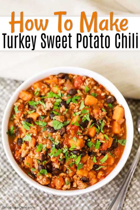 Try Turkey Sweet Potato Chili for a new and delicious twist on the traditional chili recipe.  The flavor is amazing in this healthy turkey chili recipe. Potato Chili Recipe, Healthy Turkey Chili Recipe, Turkey Chili Recipe Crockpot, Turkey Sweet Potato Chili, Quick Chili Recipe, Sweet Potato Chilli, Turkey Chili Recipe Easy, Turkey Potato, Traditional Chili Recipe