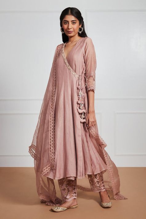 Buy Label Mansi Nagdev Brown Malai Chanderi Nosheen Embroidered Angrakha Anarkali Set Online | Aza Fashions Angrakha Anarkali, Angrakha Style, Heavy Dresses, Anarkali Dress Pattern, Kurta Neck Design, Traditional Indian Outfits, Indian Dresses Traditional, Trendy Dress Outfits, Kurti Designs Party Wear