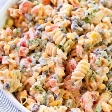 Southwestern Pasta Salad - Greens & Chocolate Tricolor Pasta Salad, Southwestern Pasta Salad, Tricolor Pasta Salad Italian Dressing, Easy Tri Color Pasta Salad, Pasta Salad Tri Color, Tri Color Pasta, Dry Ranch Seasoning, Cold Pasta Salad Recipes, Rotini Pasta