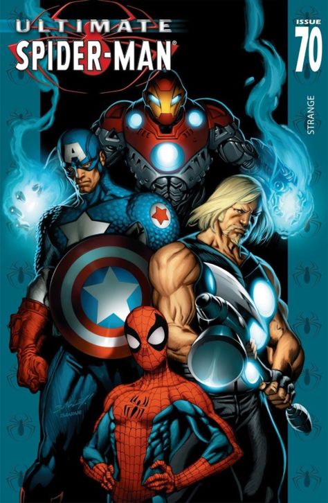 Ultimate Spider-man 70- Ultimates , Captain America, Thor, Iron Man All Spiderman, Mark Bagley, Ultimate Marvel, Ultimate Spider Man, Arte Dc Comics, Ultimate Spiderman, Spiderman Comic, Ms Marvel, Avengers Assemble