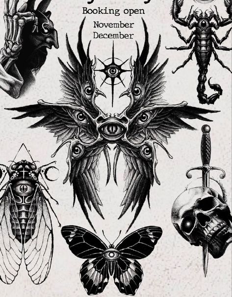 Booking Available, Creepy Tattoos, Gothic Tattoo, Dark Art Tattoo, Tattoo Art Drawings, Dark Tattoo, Tattoo Flash Art, Black Ink Tattoos, Dope Tattoos