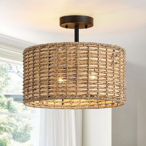 Lennie 13.6 in. 2-Light Natural Rattan Drum Semi-Flush Mount Ceiling Light - 13.6 in. W - Bed Bath & Beyond - 36958149 Drum Silhouette, Bungalow Ideas, Rattan Shades, Traditional Style Decor, Basket Lighting, Room Stuff, Semi Flush Mount Lighting, Farmhouse Lighting, Room Lighting