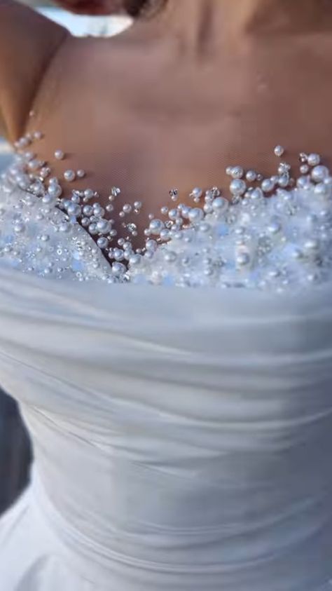 Pearl Detailed Wedding Dress, Pearl Wedding Dress Ballgown, Pearl Bodice Wedding Dress, White Pearl Wedding Dress, Wedding Dress Pearl Detail, Wedding Dress Pearls Beading, Pearl Embellished Wedding Dress, Pearl Wedding Dress Beaded, Wedding With Pearls