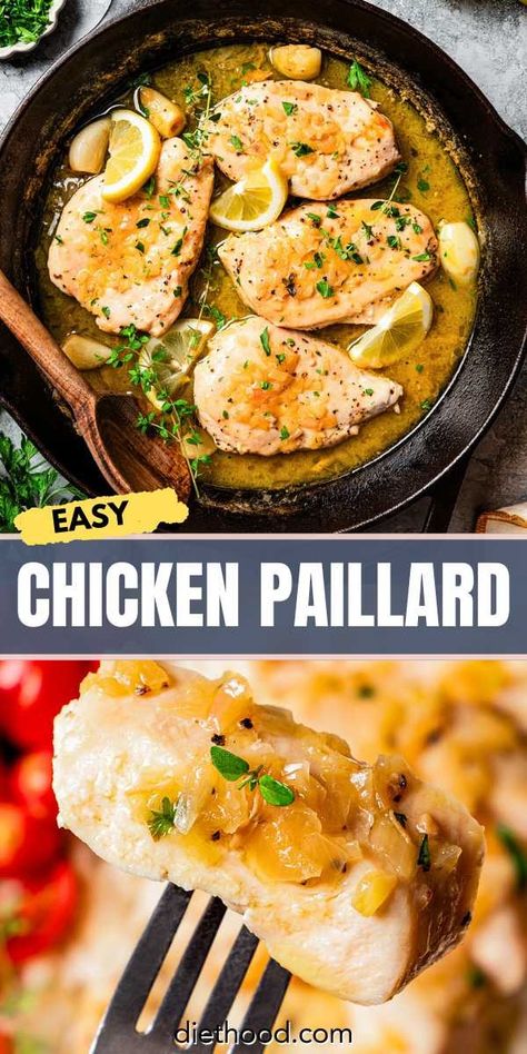 Chicken Paillard features chicken breasts pan-fried in butter and topped with a garlicky pan sauce made with white wine, lemon, and thyme. Ready in 30 minutes or less! #chicken #chickenpaillard Chicken Paillard, Pan Chicken Recipes, Sweet Dinner Rolls, Creamy Lemon Chicken, Chicken Dishes Easy, Pan Fried Chicken, Cilantro Lime Chicken, Fried Chicken Breast, Pork Dinner