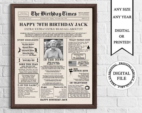 This poster prints beautifully and can be framed for a keepsake to last for years to come! Signs can be done for ANY YEAR!! It is super Quick and Easy - simply print and use as is, or put in a frame. It's a super fun keepsake and makes a truly special gift or party decoration! #oldvintagelook #printable70thbirthdaysign #1950birthdayposter #backin1950 #70thbirthdaygift #birthday #poster #backin1950 #etsy #1950 #newspaper #grandfather #parenst #blackandwhiteposter #personalizedposter Poster With Photo, Anniversary Poster, Anniversary Sign, 80th Birthday Gifts, Birthday Dates, 50th Wedding Anniversary, Birthday Poster, 40th Birthday Gifts, 90th Birthday