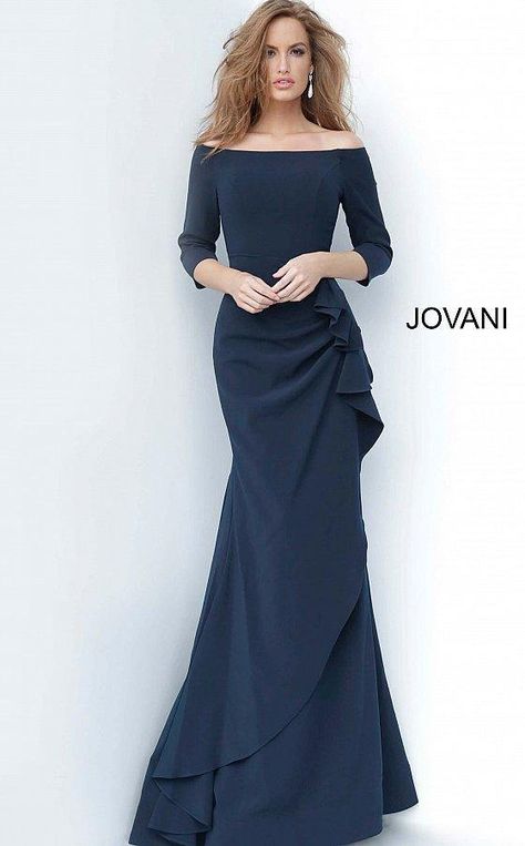 JVN By Jovani Off Shoulder Ruched Long Gown JVN02035 - The Dress Outlet Jovani Bride Gown, Unique Prom Dresses, Draped Skirt, Straight Neckline, Mermaid Dress, Long Gown, Ruched Dress, Formal Evening Dresses, Mother Of The Bride Dresses