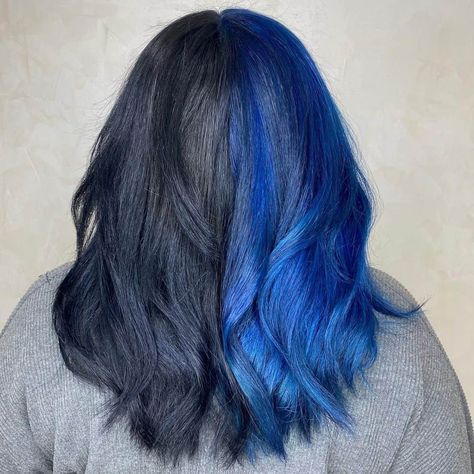 Hair Dye For Blonde Hair, Dye For Blonde Hair, Black And Blue Hair Dye, Best Blue Hair Dye, Black Blue Hair, Blue Hair Ideas, Blue Hair Dye, Blue Hair Highlights, Half And Half Hair