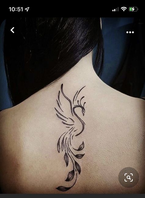 Matching Phoenix Tattoo, Small Phoenix Back Tattoo Women, Tamil Tattoo Design For Women, Small Fenix Tattoo, Fenix Tattoo Woman Back, Pheonix Minimalistic Tattoo, Ladies Pheonix Tattoo, Fine Line Phoenix Tattoo, Feniks Tattoo