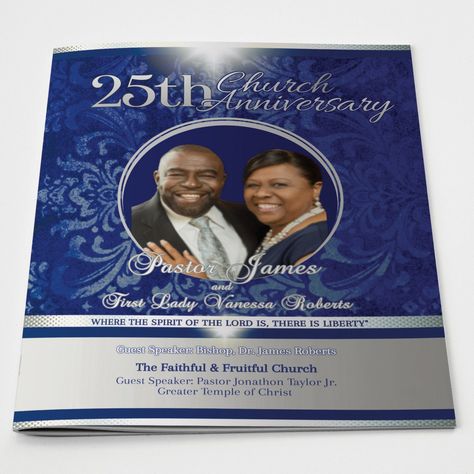 Pastor Installation Service Program, Pastor Anniversary Program, Pastor Anniversary, Royal Navy Blue, Front Cover Designs, Pastors Appreciation, History Page, Event Program, Silver Background