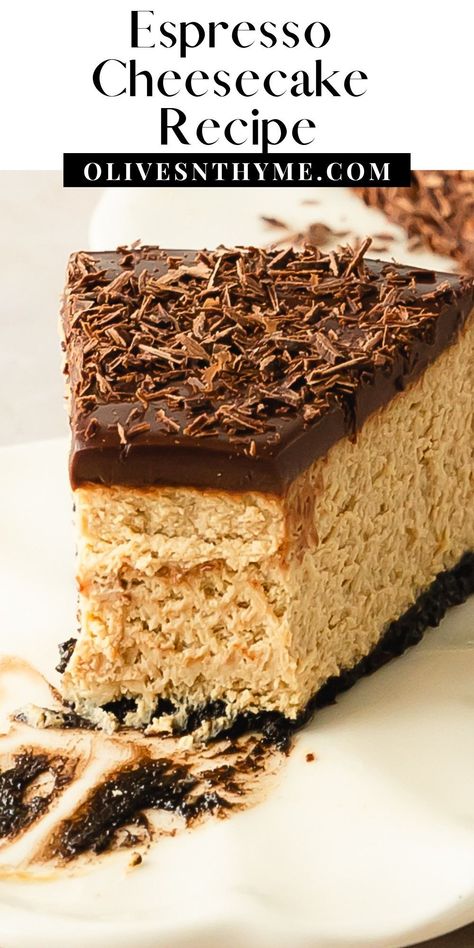 Coffee cheesecake is a smooth and creamy espresso cheesecake with an espresso chocolate cookie crust. For even more decadent coffee flavor, this espresso cheesecake is topped with an easy chocolate coffee ganache. Make this chocolate espresso cheesecake the next time you need a deliciously decadent dessert that’s perfect for the coffee and cheesecake lover in your life. Cappuccino Cheesecake Recipes, Chocolate Coffee Cheesecake, Coffee Cake Cheesecake Recipes, Chocolate Espresso Cheesecake, Best Cheesecake Flavors, Mocha Cheesecake Recipe, Espresso Cheesecake Recipes, Coffee Cheesecake Recipes, Espresso Dessert Recipes