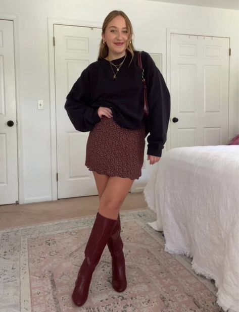 Heeled Tall Boots curated on LTK Red Brown Boots Outfit, Maroon Knee High Boots Outfit, Red Boot Outfit Ideas, Wine Tour Outfit Winter, Burgundy Purse Outfit, Maroon Boots Outfit, Burgundy Skirt Outfit Fall, Tall Boots Outfit Fall Styles, Red Boot Outfit