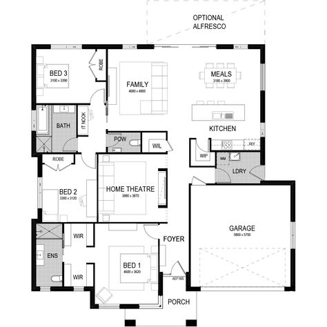 Kirra 206 Home Design | 3 Bed, 15m or 17m Wide Design | Montgomery Homes Shallow House Plans, Wide House, Montgomery Homes, Block House, Alfresco Area, Storey Homes, Theatre Room, Granny Flat, Cabin Ideas