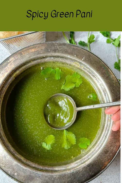 This spicy green pani (water) is made with cilantro-mint chutney to create a spicy and vibrant water with which to fill your pani puri. Pani Puri Pani Recipe, Panipuri Water Recipe, Pani Puri Water Recipes, Mint Chutney Recipe Indian Foods, Pani Puri Water, Sweet Chutney For Pani Puri, Green Chutney Recipe India For Sandwich, Indian Mint Chutney, Pani Puri Recipe