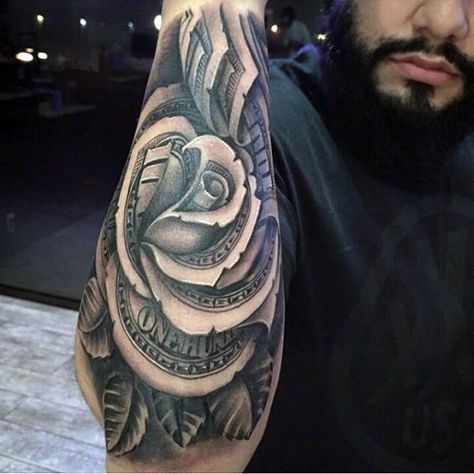 Money Rose Tattoo, Dollar Tattoo, Outer Forearm Tattoo, Hyper Realistic Tattoo, Rose Hand Tattoo, Money Rose, Skull Sleeve, Money Tattoo, 100 Dollar Bill