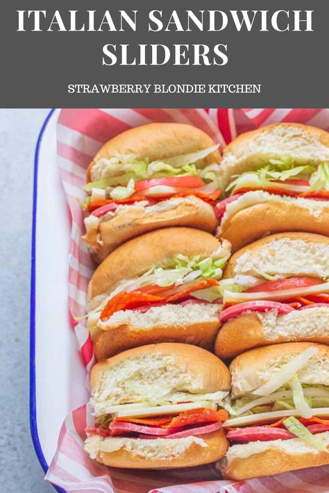 These Italian Sandwich Sliders are served cold, stacked high on Hawaiian rolls and are full of Salami, Pepperoni, provolone, lettuce, tomatoes, onions and dressing for fresh and delicious party sandwich that's also perfect for game day! #appetizer #sandwichrecipes #sandwich #partysandwich #sliderrecipes #slider #italianrecipes #gamedayrecipe #footballfood Large Group Sandwich Ideas, Sandwhich Appetizers Summer, Easy Italian Sandwiches, Cold Sliders Recipes, Hawian Roll Sandwiches Cold, Bingo Appetizers, Cold Sliders For A Crowd, Cold Cut Sliders, Sun Sandwiches