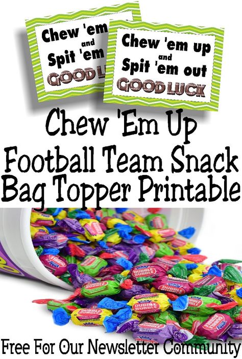 Wish your favorite football team good luck before their next game with this fun football team snack printable. This printable bag topper is the perfect team snack when paired with some bubblegum treats and lots of good luck wishes. #footballparty #teamsnack #teammom #footballmom #bagtopperprintable #diypartymomblog Team Snack Bags, Football Team Snacks, Volleyball Treats, Football Goody Bags, Football Treat Bags, Sports Treats, Kids Soccer Team, Football Bags, Basketball Treats