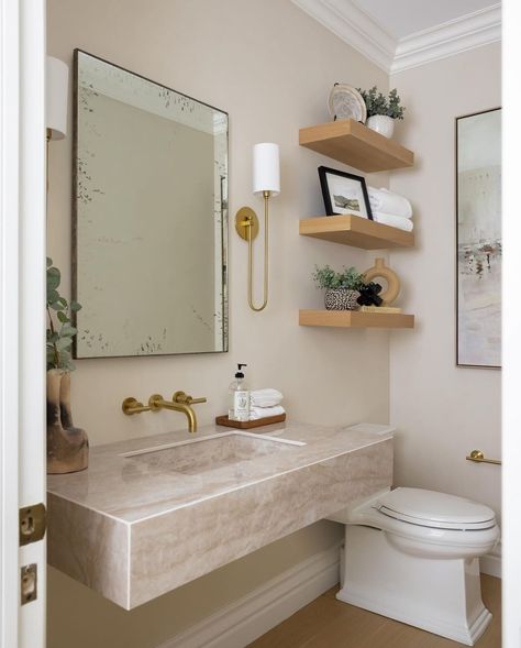 We are in love with the reveal of how @comfortabledwelling included our Arga One-Piece Vanity in this powder room ✨ Product Shown: PEARL®xCosentino SIMPLICITY 30" One-Piece Vanity - Arga 📸: @comfortabledwelling #lifewithpearl #hometogether #pearlcanada #bathroom #bathroomdesign #homedecor #bathroomdecor #bath #renovation #homedesign #bathroomremodel #bathroominspo #bathroominspiration #bathroomrenovation #bathroomideas #bathroomgoals Marble Floating Vanity, Wall Mount Bathroom Faucet, Wood Shelving, Wall Mount Faucet Bathroom, Bath Renovation, Country Living Magazine, Bathroom Goals, Floating Vanity, Brass Faucet