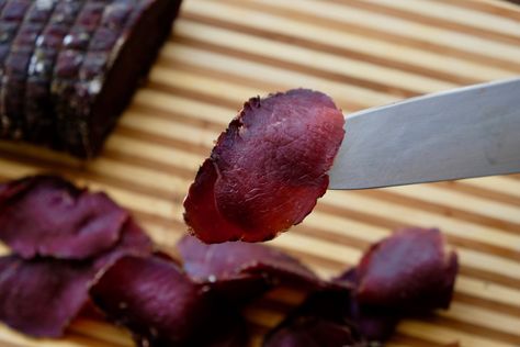 Venison Bresaola Bresaola Recipe, Dried Venison Recipe, Cured Venison, Salt Cured Meat, Venison With Juniper Berries, How To Process Deer Meat, Back Strap Venison Recipe Oven, Spanish Ham, Prosciutto Recipe