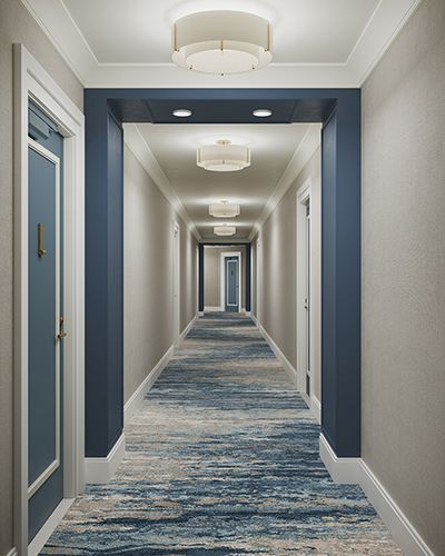 Corridor Design | South Florida | ALine Studio Apartment Building Hallway, Hotel Corridor Design, Senior Living Interior Design, Senior Living Design, Florida Hotel, Interior Design New York, Medical Office Decor, Hotel Corridor, Corridor Design