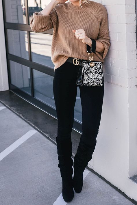 Chic Fall Outfit Idea | Camel Sweater, Black Jeans and Slouchy Boots Camel Sweater Outfit, Black Jeans Outfit Fall, Jeans Boots Outfit, Sweater And Jeans Outfit, Chic Fall Outfit, Camel Sweater, Ripped Knee Jeans, Jeans Outfit Winter, Jeans Outfit Fall