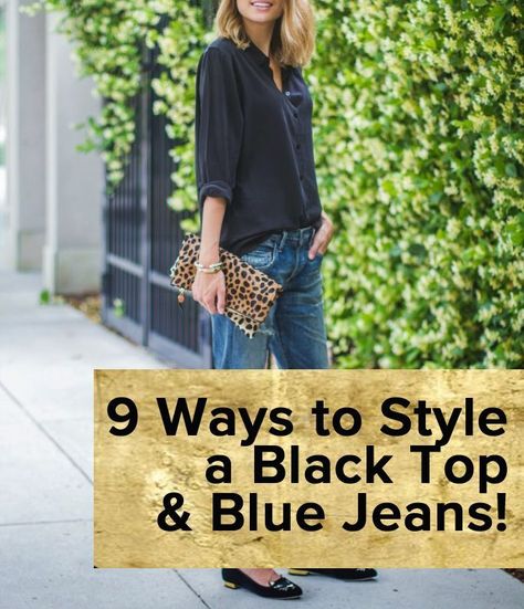 How to Style Black Top & Blue Jeans -- everyone's favorite combo! Black Shirt Blue Jeans Outfit Women, Blue Jeans And Black Top Outfit, Blue Jeans Outfit Hijab, Black Denim Shirt Outfit Women, Jeans Black Top Outfit, Outfits With Dark Blue Jeans, Jeans And Black Top Outfit, Jeans And Black Top, Jeans Outfit Hijab