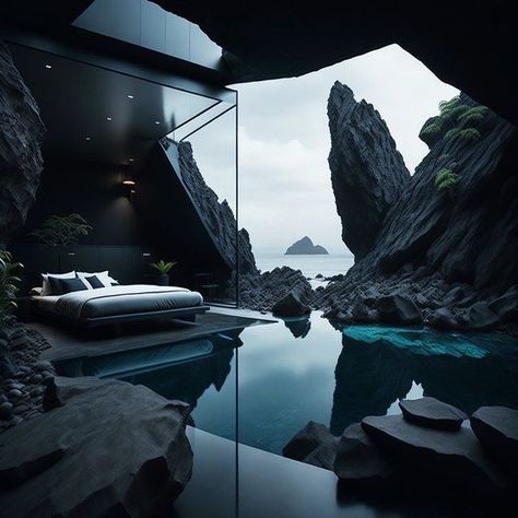 Futuristic Modern House, Cozy Black Bedroom, Dark Modern House Interiors, Modern Dark Bedroom, Futuristic Bedroom Design, Futuristic Bedroom Ideas, Dark House Aesthetic, Black Mansion, Black Modern House