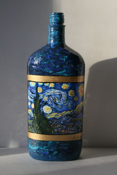 Vincent Van Goghs Starry Night hand painted on a recycled liquor bottle. The bottle can also be used as a lamp. I have more pictures as a lamp. Liquor Bottle Painting, Starry Night Picture, Painted Bottles, Starry Night Painting, Hand Painted Bottles, Painted Bottle, Arte Van Gogh, Wine Bottle Art, Glass Bottles Art